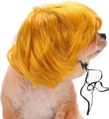 Funny Dog Cat Cosplay Wig, Headwear Apparel Toy, Pet Costumes, Cat Dress up for Halloween, Christmas, Parties, Festivals, Dog Wigs for Small Medium and Large Dogs (Pumpkin Yellow)