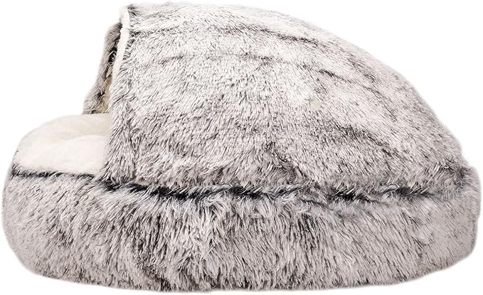 Calming Dog Beds & Cat Cave Bed with Hooded Cover，Washable Round Beds for Small Medium Pets，Cozy for Indoor Cats or Small Dog beds to25 Medium 23.6, Grey