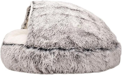 Calming Dog Beds & Cat Cave Bed with Hooded Cover，Washable Round Beds for Small Medium Pets，Cozy for Indoor Cats or Small Dog beds to25 Medium 23.6, Grey