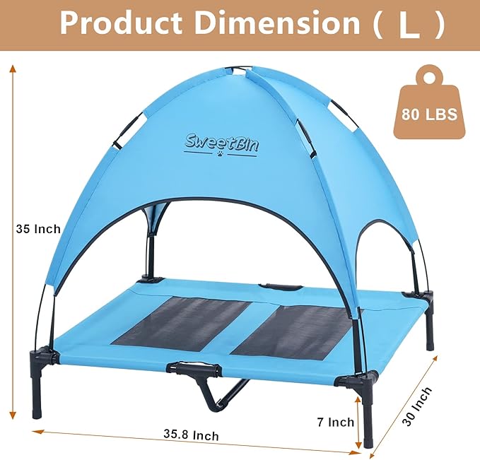 S/M/L Outdoor Elevated Dog Cot with Canopy & Side Shade for Camping Small Medium Dogs (Carry Bag)