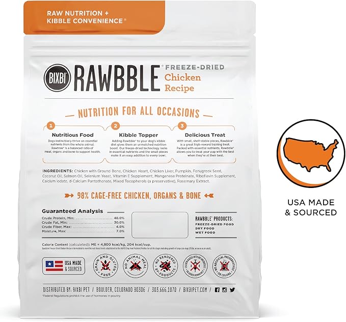 BIXBI Rawbble Freeze Dried Dog Food, Chicken Recipe, 12 oz - 98% Meat and Organs, No Fillers - Pantry-Friendly Raw Dog Food for Meal, Treat or Food Topper - USA Made in Small Batches