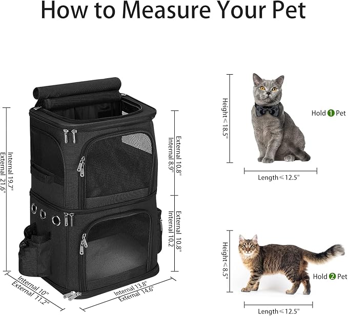 Double-Compartment Pet Carrier Backpack for Small Cats and Dogs, Cat Travel Carrier for 2 Cats, Perfect for Traveling/Hiking/Camping, Black