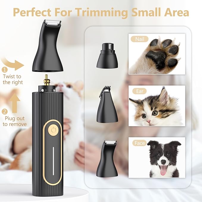 Dog Clippers Grooming Kit Hair Clipper -4 in 1Low Noise -Rechargeable-Cordless Quiet Paw Trimmer Nail Grinder, Trimmer Grooming for Thick Hair&Coats,Pet Shaver for Small and Large Dogs Cats