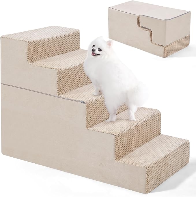 5-Step Dog Stairs, 22.5'' H Dog Stairs for High Beds, Non-Slip Bottom Pet Stairs for Small Dogs and Cats, Indoor Pet Steps Dog Ramp for Bed, Beige