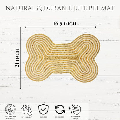 16.5"X21" Jute Cotton Bone Shaped Feeding Mat Dog Cat Bowl Mat Handmade Indoor Rug Door Mats for Entrance Back Door Natural Handmade Dog Placemat (Dog Chew