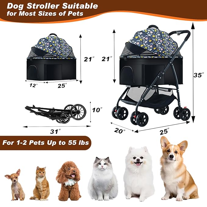 Pet Stroller 3 in 1 Folding Lightweight Dog Stroller with Detachable Carrier & Storage Basket 4 Wheels