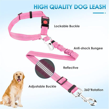 Lukovee Dog Seatbelt Leash for Cars, 2 Pack Pet Safety Car Seat Belt with Adjustable Buckle & Reflective Bungee, Connect Dog Harness in Vehicle Car Dogs Restraint Travel Daily Use (Pink)