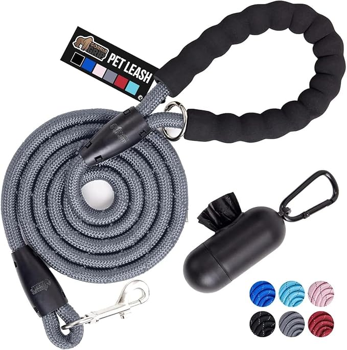 Gorilla Grip Dog Leash, Heavy Duty Reflective Rope Leashes for Large, Medium, Small Breed Dogs, Puppy Training Essential for Walks, Hikes, Soft Handle, Rotating Metal Clip, Waste Bag Dispenser, Gray