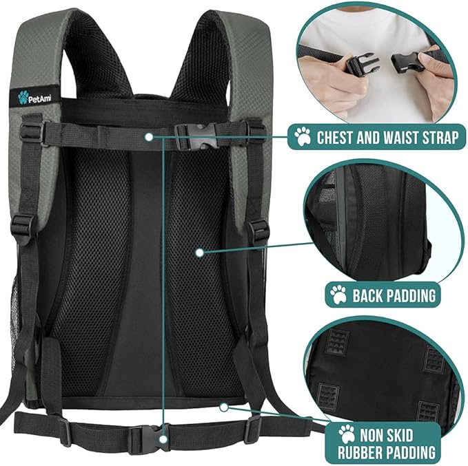 PetAmi Deluxe Pet Carrier Backpack for Small Cats and Dogs, Puppies | Ventilated Design, Two-Sided Entry, Safety Features and Cushion Back Support | for Travel, Hiking, Outdoor Use (Dark Gray)