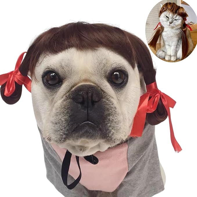 Funny Dog Wig Pet Costumes, Kediciz Cat Costume Synthetic Hairpiece Cosplay Wigs, Headwear for Halloween Christmas Festivals Party Decor, Fancy Dress,Adjustbale Size,Coffee Brown for Braid