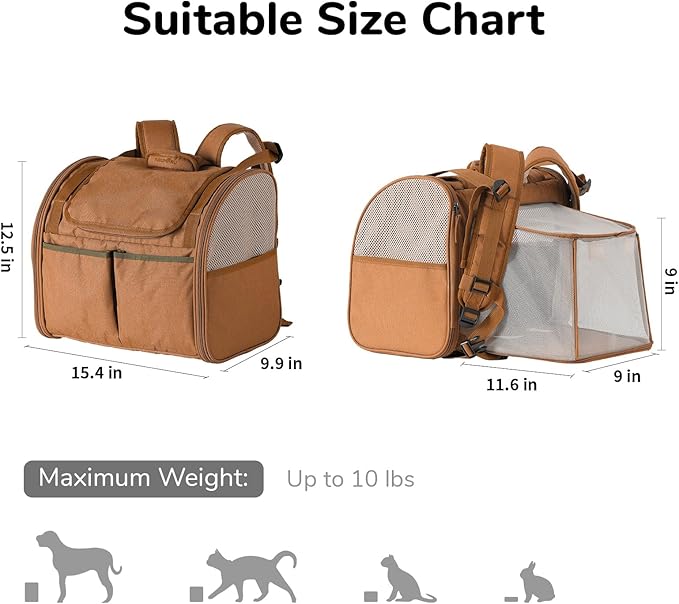 FUKUMARU Cat Backpack, Adjustable Dog Backpack carrier with 4 Storage Pockets, Under 20 Lbs Soft Sided Small Dog Backpack Carrier for Travel Hiking Camping Outdoor, Brown