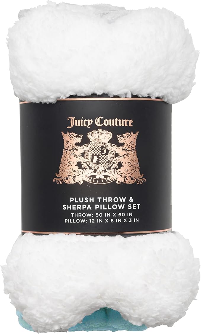 Juicy Couture Turquoise Blue Dog Blanket with Sherpa Bone Shaped Pillow – Plush Puppy Blanket Throw