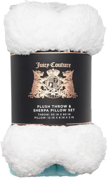 Juicy Couture Turquoise Blue Dog Blanket with Sherpa Bone Shaped Pillow – Plush Puppy Blanket Throw
