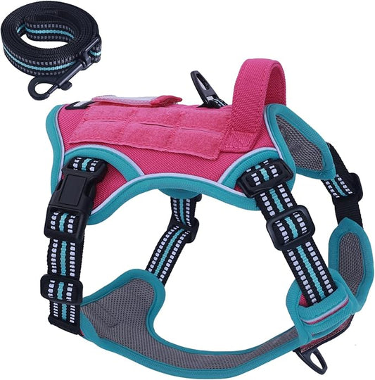 BUMBIN Tactical Dog Harness for Medium Dogs No Pull, Famous TIK Tok No Pull Dog Harness, Fit Smart Reflective Pet Walking Harness for Training, Adjustable Dog Vest Harness with Handle Pink&Green M