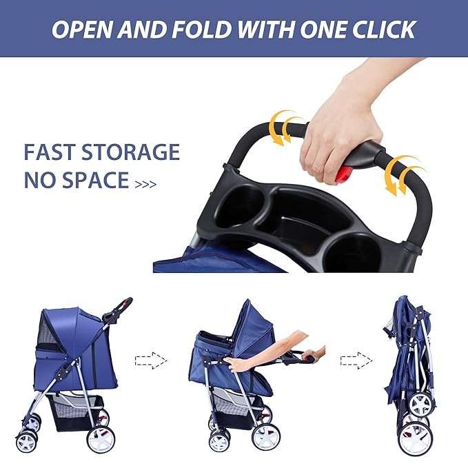 4 Wheels Pet Stroller for Small Medium Dogs Cats 33 lbs