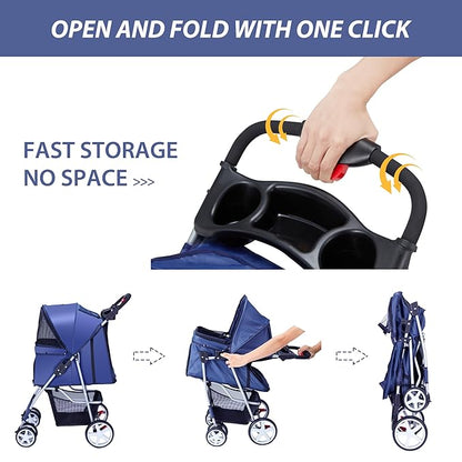 4 Wheels Pet Stroller for Small Medium Dogs Cats 33 lbs