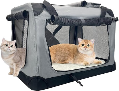 Fhiny Large Cat Carrier for 2 Cats, 24"x17"x17" Soft Dog Crate Collapsible Portable Travel Pet Carrier Bag Durable Breathable Foldable Kitten Carrier Bag for Puppy Cats Under 35 Lbs Grey