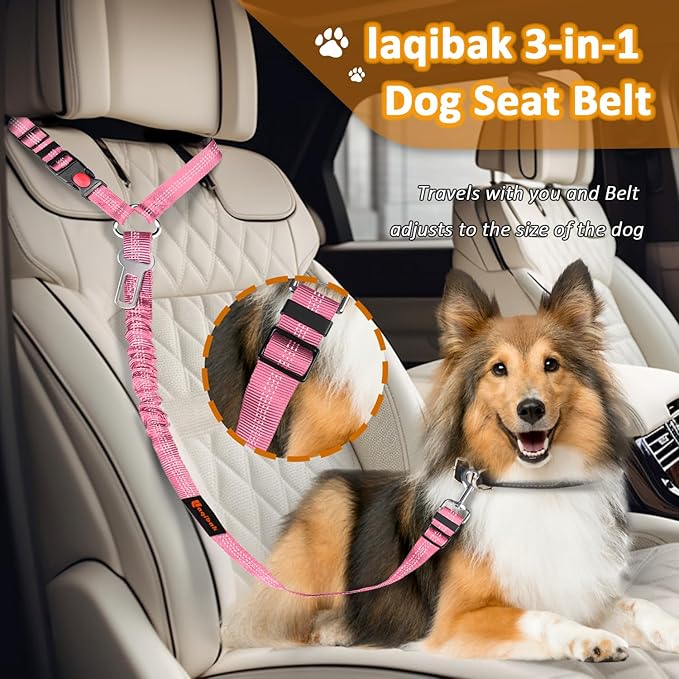 Removable Dog Seat Belts Harness for Car, 3 in 1 Pet Dog Car Seatbelt Leash, laqibak Restraint Secures to Headrest and Reflective Effect Adjustable Bungee Dog Seatbelt Tether, 2PCS and Poop Bag Holder