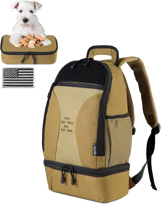 DBTAC Tactical Pet Travel Bag Small | Compact Pet Supplies Backpack for Small Dogs Cats Road Trip Outdoor Travel w/Insulated Pocket & 1x Lined Food Carrier, Tan