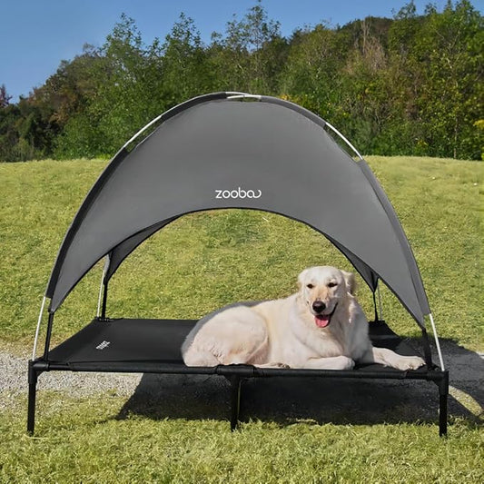 50" Elevated Outdoor Dog Bed with Canopy, XLarge Cooling Raised Pet Cot with Removable Sunshade for Camping, Deluxe 600D PVC with 2x1 Textilene Dog Bed