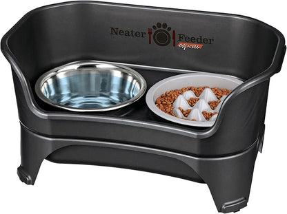 Neater Feeder - Express Model w/Niner 9 Peak Slow Feed Bowl - Mess-Proof Dog Bowls (M/L, Black) - Made in USA – Elevated, No Spill, Non-Tip, Non-Slip, Raised Food/Water Pet Bowls Aid Digestion