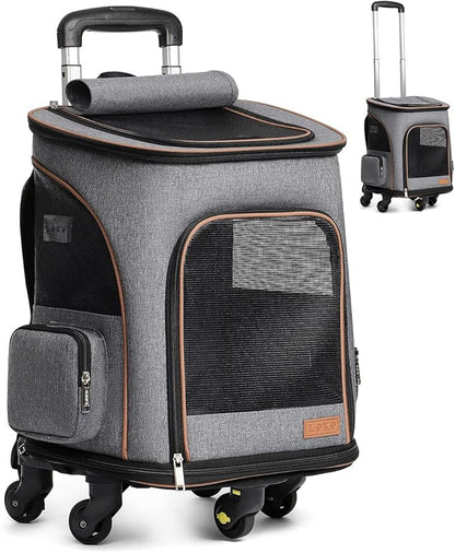 Lekereise Dog Backpack with Wheels for Small Cats and Dogs, Rolling Cat Backpack Wheeled Pet Carrier Backpack for Travel/Walk to The Vet, Deep Grey