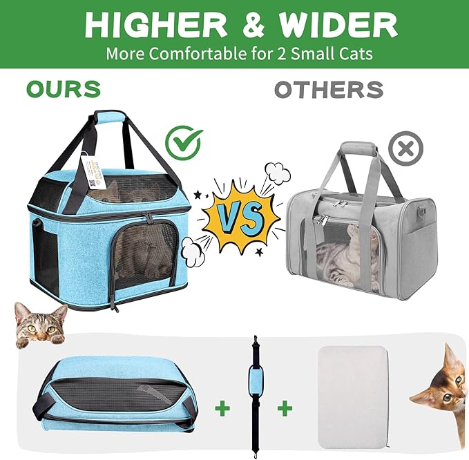 Large Cat Carrier for 2 Cats, Oeko-TEX Certified Soft Side Pet Carrier for Cat, Small Dog, Collapsible Travel Small Dog Carrier, TSA Airline Approved Cat Carrier for Large Cats 20 lbs, Blue