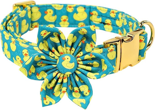 Maca Bates Flower Green Duck Dog Collar with Flowers for Dogs Green Flower Adjustable Breakaway Cute Collars Accessories Gift for Small Medium Large XL Puppy with Golden Metal Buckle