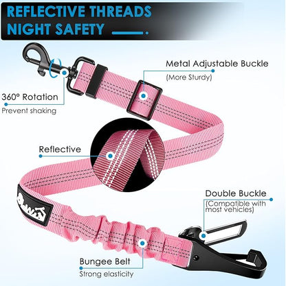 Lukovee Dog Seatbelt Leash for Cars, 2 Pack Pet Safety Car Seat Belt with Adjustable Buckle & Reflective Bungee, Connect Dog Harness in Vehicle Car Dogs Restraint Travel Daily Use (Pink)