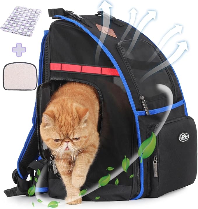 Lollimeow Cat Backpack Pet Carrier for Cats and Puppies - Ventilated Outdoor Canvas Cat Backpack with Large Space, Airline Approved