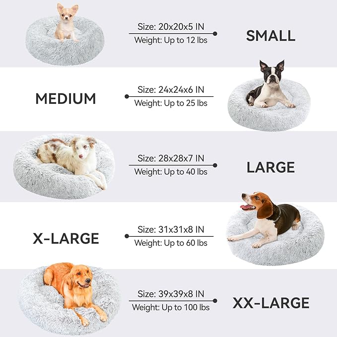 YAEM Dog Bed - 24" Dog Beds for Medium Dogs, Washable Medium Dog Bed, Anti-Anxiety Round Fluffy Plush Faux Fur Calming Dog Bed, Anti-Slip Anti-Slip Donut Dog Bed | Cat Bed - Grey