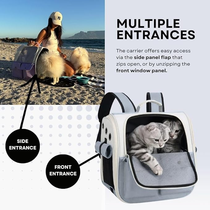 Portable Pet Carrier Backpack for Cats, Dogs and Small Animals Up to 25lbs l Ventilated Mesh Design l Airline-Approved l Ideal for Travel, Hiking, Camping (Grey)