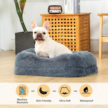 2 in 1 Calming Dog Beds for Small Dogs, Dual Layer Orthopedic Egg Crate Foam & Memory Foam Faux Fur Shag Pet Mattress Warming Rectangle Cuddle Bed Comfy Anti Anxiety, Washable Cover Anti-Slip