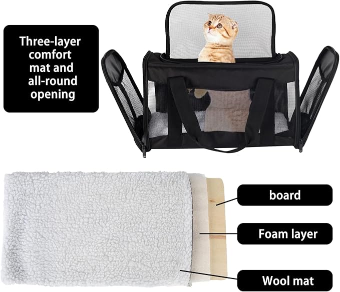 Cat Carrying Case - Pet Carrier Airline Approved, Protable and Breathable Pet Travel Carrier Removable Fleece Pad, Collapsible Cat Carrier Dog Carrier for Medium Cats Small Cats Dogs(Medium, Black)