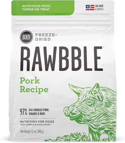 BIXBI Rawbble Freeze Dried Dog Food, Pork Recipe, 12 oz - 97% Meat and Organs, No Fillers - Pantry-Friendly Raw Dog Food for Meal, Treat or Food Topper - USA Made in Small Batches