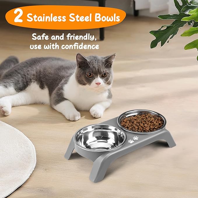 Elevated Cat Bowls - Anti-Vomiting Raised Cat Bowl Stand with 2 Thick Stainless Steel Cat Bowls Non-Slip for Small Medium Indoor Cats & Puppies, Dishwasher Safe Grey