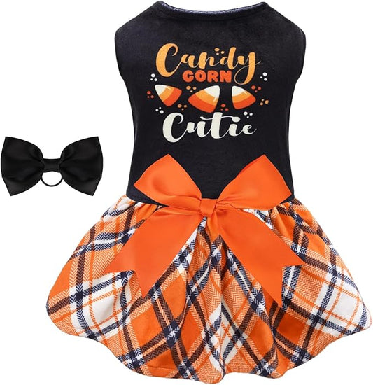 CuteBone Halloween Dog Dresses Velvet Holiday Small Dogs Clothes Onesie Pet Apparel Girl Puppy Skirt with Bow Hair Rope CVA45S-D
