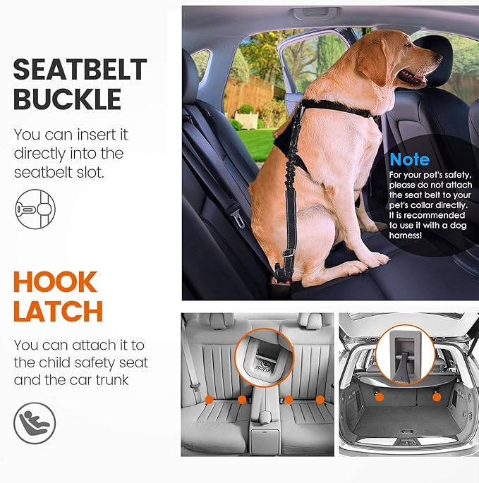 Dog Seat Belt,2 Pack Adjustable Dog Seatbelt for Car,Dog Safety Belt Leash,Reflective Bungee Dog Car Seatbelt with Hook & Buckle Aviation Aluminum Alloy Rotatable Carabiner (2 Pack Black)