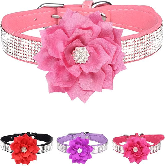 Rhinestone Dog Collar for Small Medium Dogs Pink Small Dog Collar for Girl Female Dogs Flower Puppy Collar for Summer Spring Wedding Puppy Necklace Girl Dog Collar (Pink