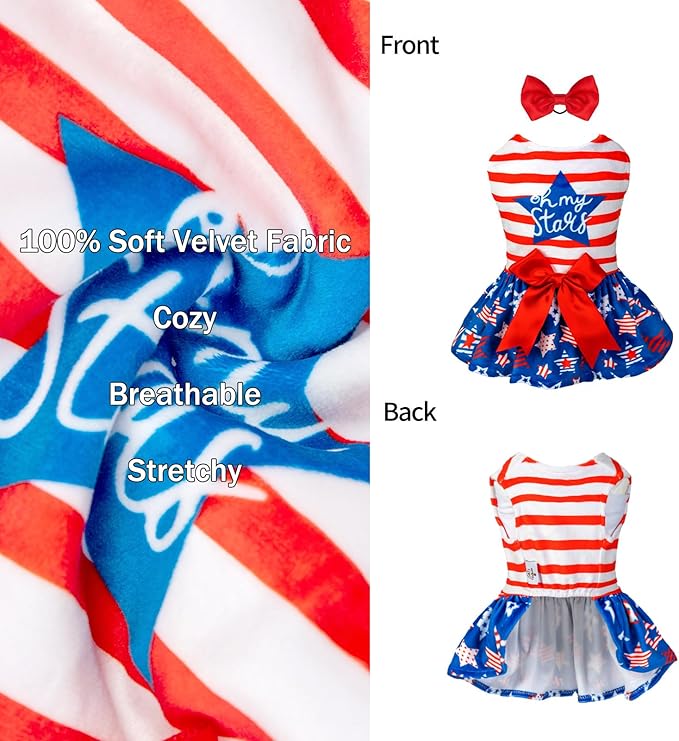 CuteBone Dog Dresses Velvet 4th of July Small Dogs Clothes Onesie Pet Apparel Girl Puppy Skirt with Bow Hair Rope CVA38M-D