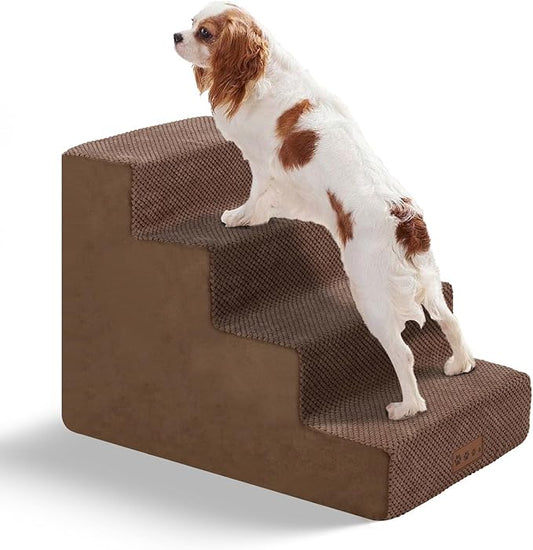 4-Step Brown Dog Stairs for Medium Dogs - Steps for Dogs to get on Bed, Non-Slip Removable Washable Cover, Friendly to Older and Injured Dogs, 18" High