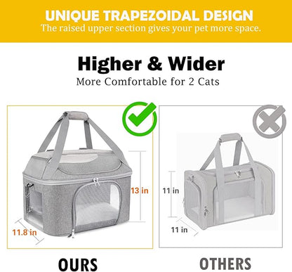 Large Cat Carrier for 2 Cats, Oeko-TEX Certified Soft Side Pet Carrier for Cat, Small Dog, Collapsible Travel Small Dog Carrier, TSA Airline Approved Cat Carrier for Kitten Cats 20 lbs-Gray