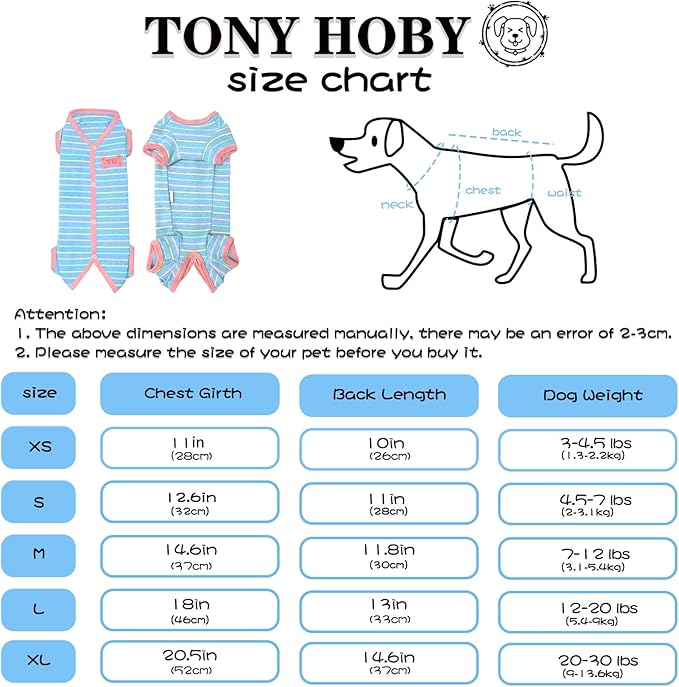 TONY HOBY Female Dog Pajamas, Dog Thermal Pajamas with Stripe, Dog Jumpsuit Pet Clothes for Small Medium Dog (Light Blue, Girl, XS)