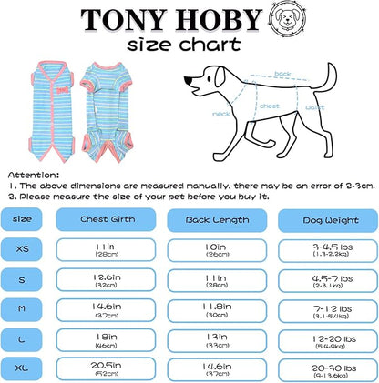 TONY HOBY Female Dog Pajamas, Dog Thermal Pajamas with Stripe, Dog Jumpsuit Pet Clothes for Small Medium Dog (Light Blue, Girl, XS)