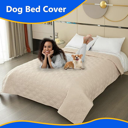 Dog Bed Cover, 100% Waterproof & Anti-Slip Pet Blanket Sofa Bed Mat, Reusable Bed Cover for Dogs, Washable Geometric Embroidery Mattress, Camping Pad for Pet/Dog/Cat (68x82 inch, Beige)