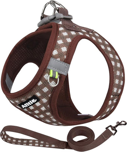 AIITLE Adjustable Dog Harness and Leash Set, Step in No Pull Pet Harness, Soft Mesh Reflective Plaid Vest Harnesses for Small Dogs Puppy and House Cats Outdoor Walking Running Chocolate XS