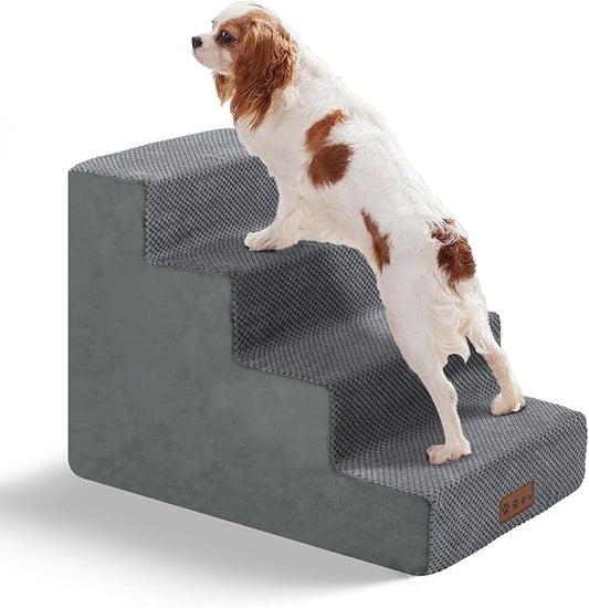 4-Step Grey Dog Stairs for Medium Dogs - Steps for Dogs to get on Bed, Non-Slip Removable Washable Cover, Friendly to Older and Injured Dogs, 18" High