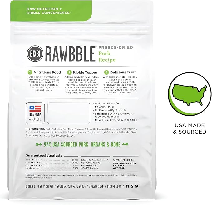 BIXBI Rawbble Freeze Dried Dog Food, Pork Recipe, 4.5 oz - 97% Meat and Organs, No Fillers - Pantry-Friendly Raw Dog Food for Meal, Treat or Food Topper - USA Made in Small Batches