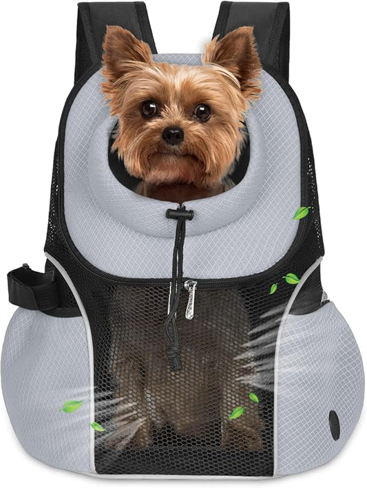 WOYYHO Pet Dog Carrier Backpack Small Dog Front Backpack Ventilated Mesh Dog Travel Back Pack with Safety Belt for Travel Hiking Cycling Outdoor Use (L (10-14 lbs), Grey)