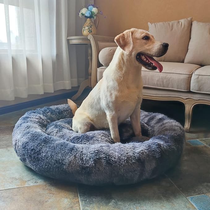 Oval Calming Donut Cuddler Dog Bed Bed(30"/36"/43") for (XL(36"x27"x7"), Grey2021)